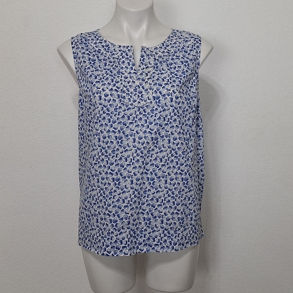 Talbots Blue White Seashell Split Neck Coastal Boho Sleeveless Blouse Size LP